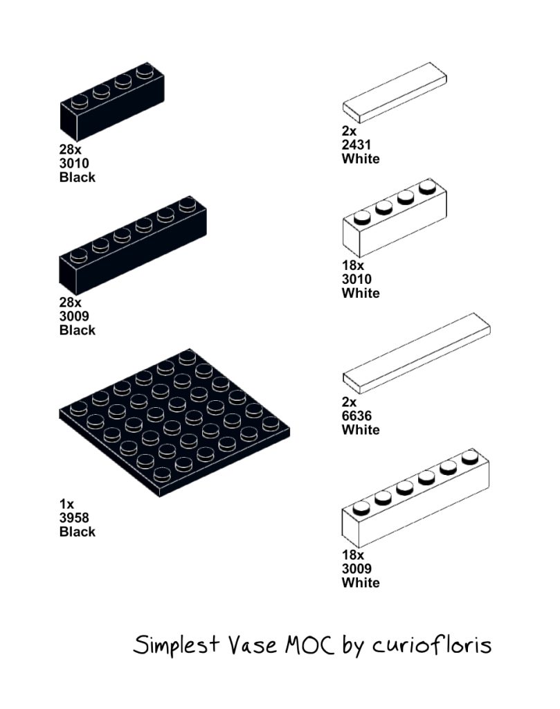 LEGO parts list for a simple black and white color block vase.