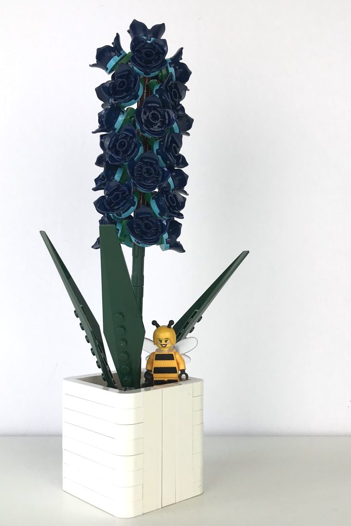 LEGO brick-built hyacinth plant in a small white modern pot, in Dark Blue, with LEGO's Bumblebee Girl minifig for scale.